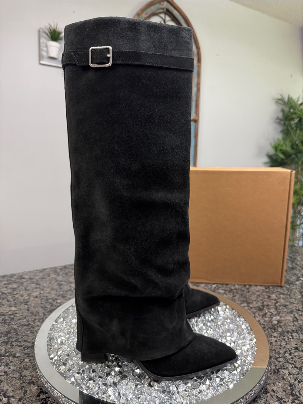 Free People Black tall Suede skirted Boots with Buckle point toe NEW 6.5